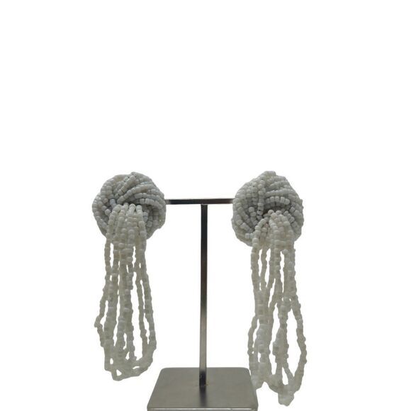 Vintage White Glass Beaded Dangle Knot Clip-On Earrings | 3.13" - Picture 2 of 6